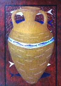 &quot;Amphora with fishes&quot;,100 x 140, acrylic fibermix on canvas and afghan poetry